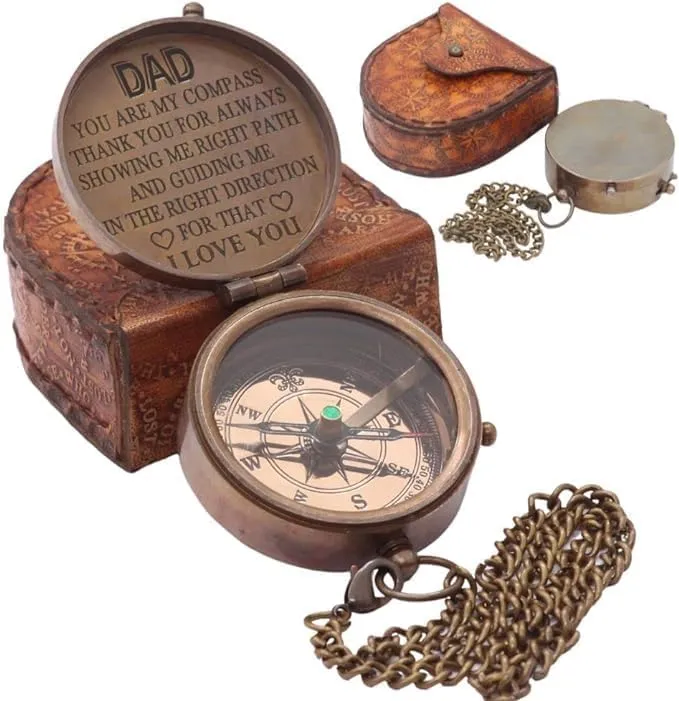 Nautical Vintage Directional Magnetic Compass with Famous Scripture Quote Engraved Baptism Gifts with Leather Case or Wooden Case for Dad from Son, Daughter