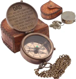 Nautical Vintage Directional Magnetic Compass with Famous Scripture Quote Engraved Baptism Gifts with Leather Case or Wooden Case for Dad from Son, Daughter