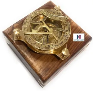 NauticalMart Captain Brass Sundial Compass with Hardwood Wooden Box