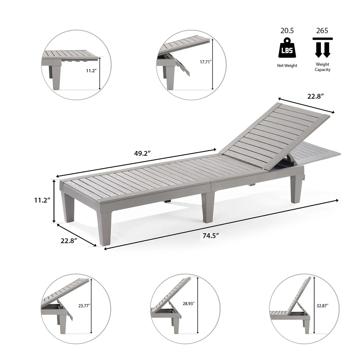Nestl Patio Chairs - Waterproof Outdoor Chaise Lounge Chair, Set of 4 Adjustable Lawn Chairs, Lightweight Grey Chaise Lounge Outdoor