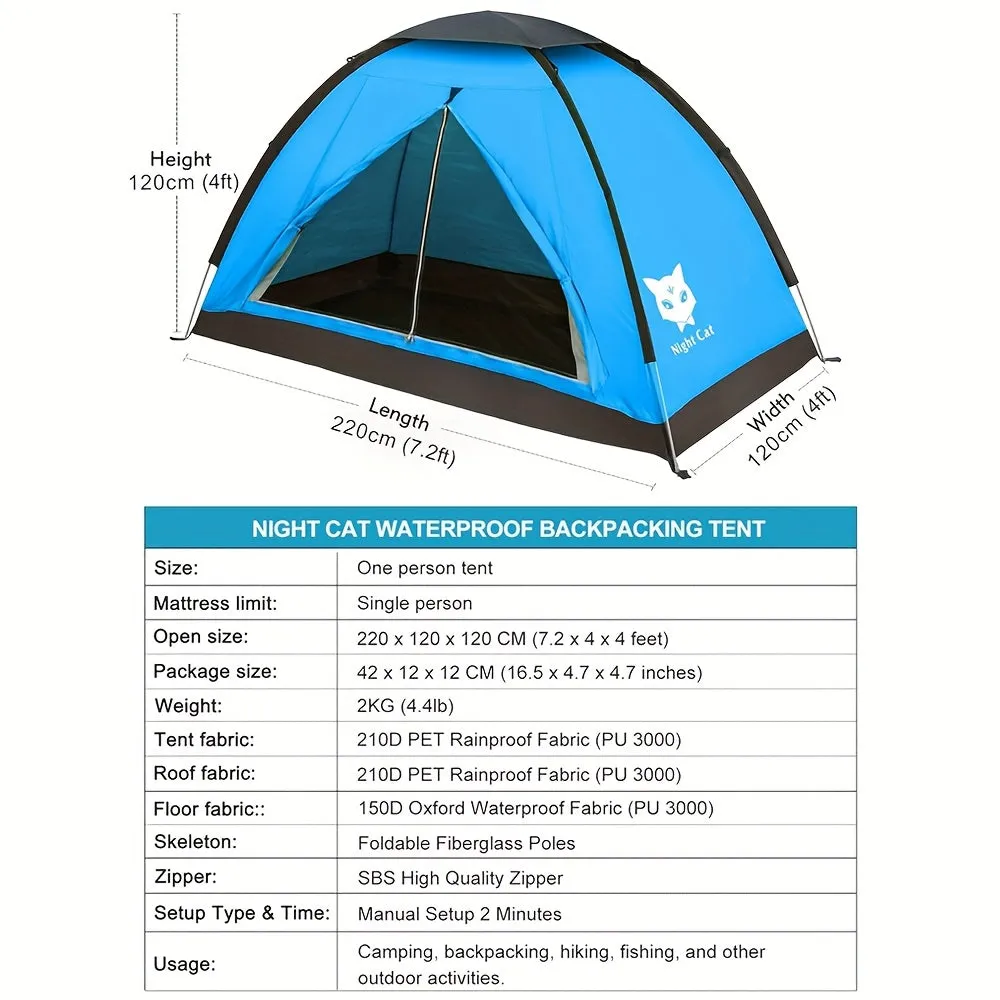 Night Cat Backpacking Tent for One 1 to 2 Persons Lightweight Waterproof Camping Hiking Tent for Adults Easy Setup Single Layer 86.61x47.24inch