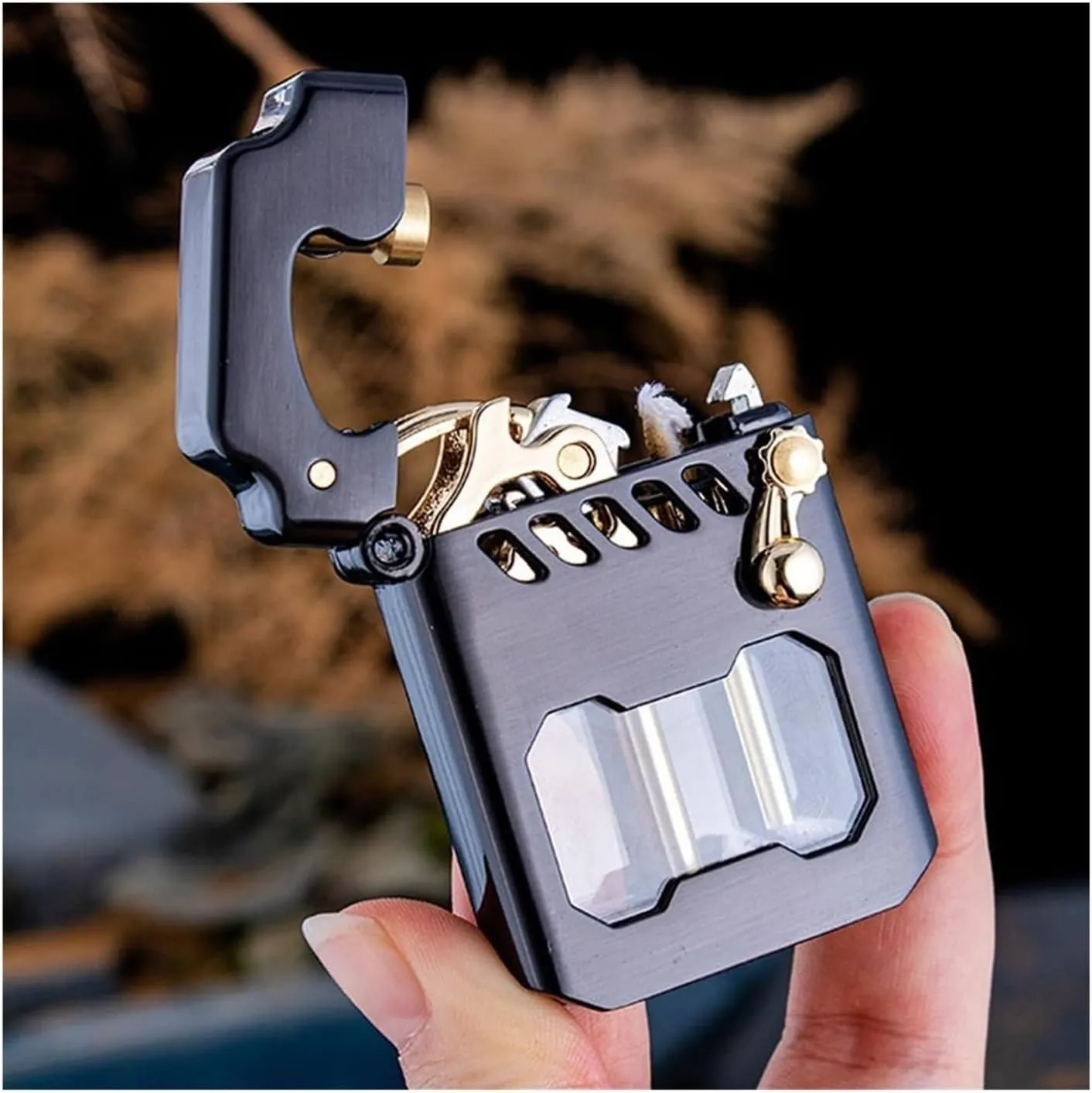 Old-fashioned metal kerosene lighter, recyclable kerosene lighter, rocker link drive gear ignition lighter, with fuel observation window, suitable for wilderness, travel, camping (fuel not included)(S