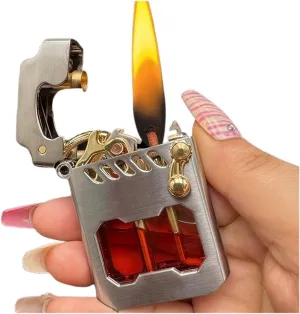 Old-fashioned metal kerosene lighter, recyclable kerosene lighter, rocker link drive gear ignition lighter, with fuel observation window, suitable for wilderness, travel, camping (fuel not included)(S