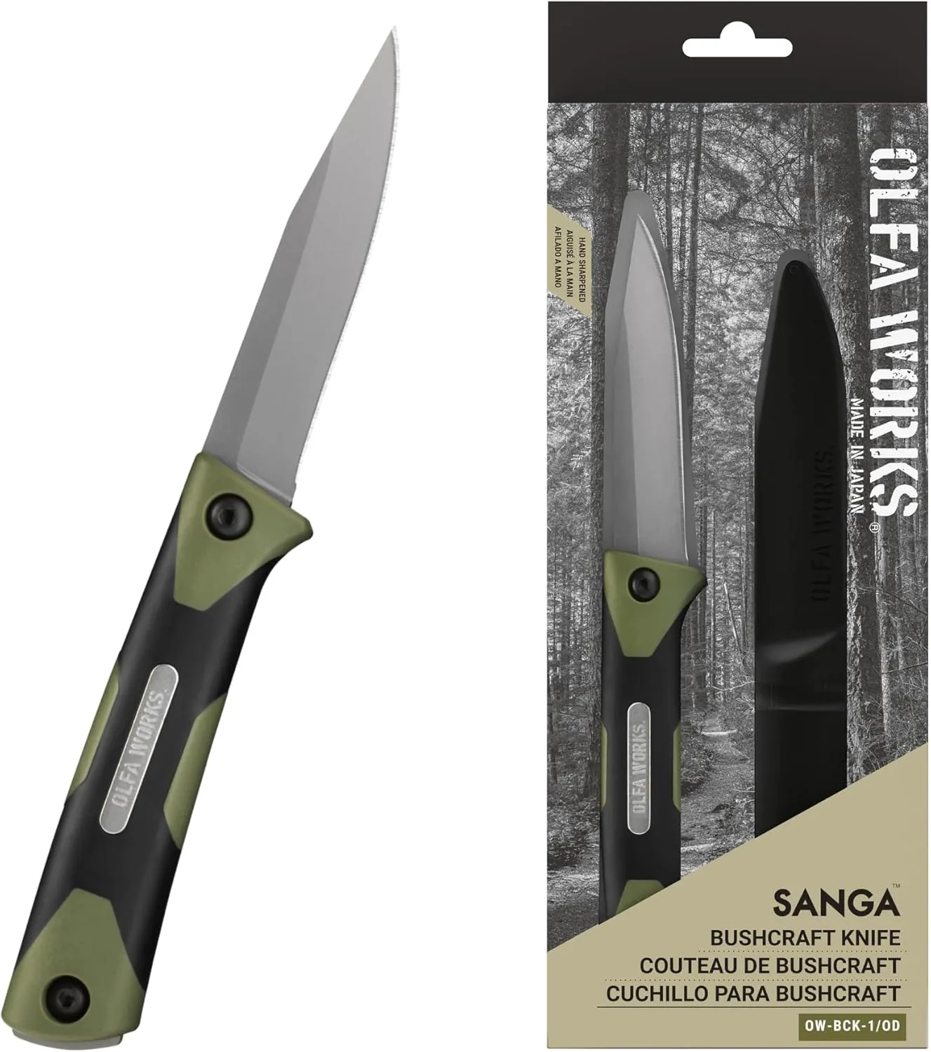 OLFA WORKS OW-BCK-1/OD SANGA Bushcraft Knife, 3.2mm Thick High Carbon Stainless Steel Blade - Great for Cutting, Scraping, Batoning and Compatible with Firestarters - Knife Sheath & Belt Clip (Olive)