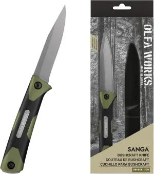 OLFA WORKS OW-BCK-1/OD SANGA Bushcraft Knife, 3.2mm Thick High Carbon Stainless Steel Blade - Great for Cutting, Scraping, Batoning and Compatible with Firestarters - Knife Sheath & Belt Clip (Olive)