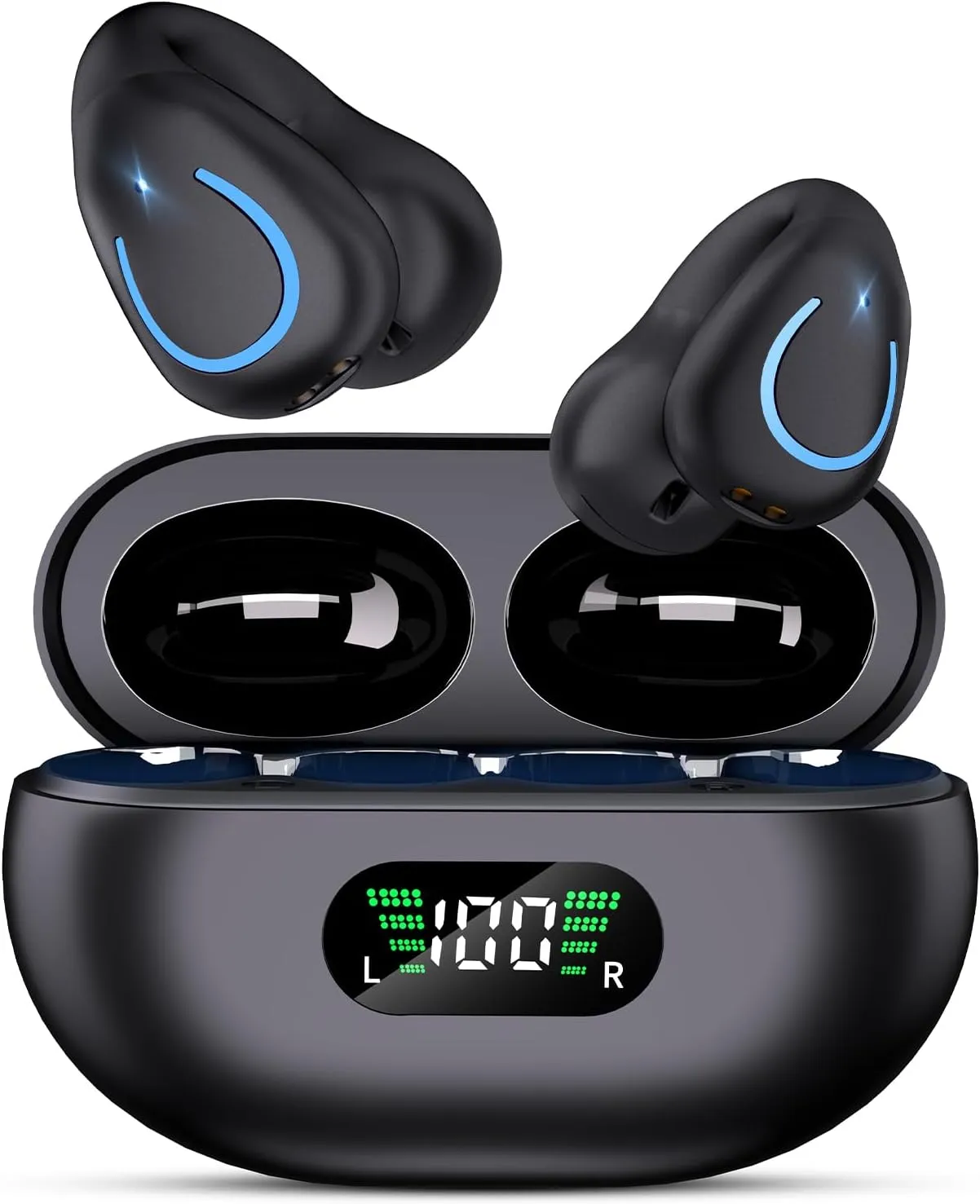 Open Ear Bone Conduction Headphones,True Wireless Bluetooth 5.3 Lightweight Comfort Clip On Earbuds with LED Digital Display Charging Case Sport Built-in Mic IPX7 Waterproof for Running Fitness,Black