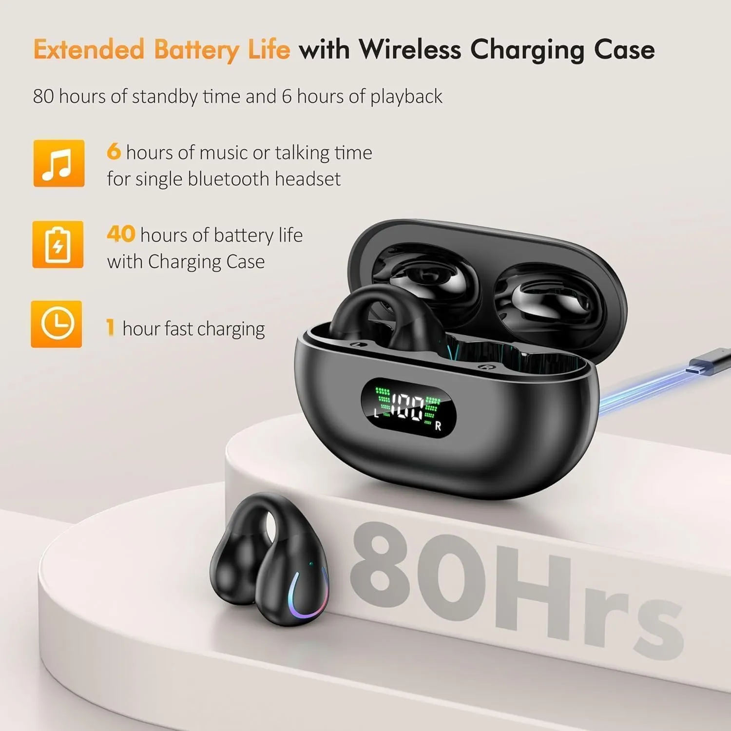 Open Ear Bone Conduction Headphones,True Wireless Bluetooth 5.3 Lightweight Comfort Clip On Earbuds with LED Digital Display Charging Case Sport Built-in Mic IPX7 Waterproof for Running Fitness,Black