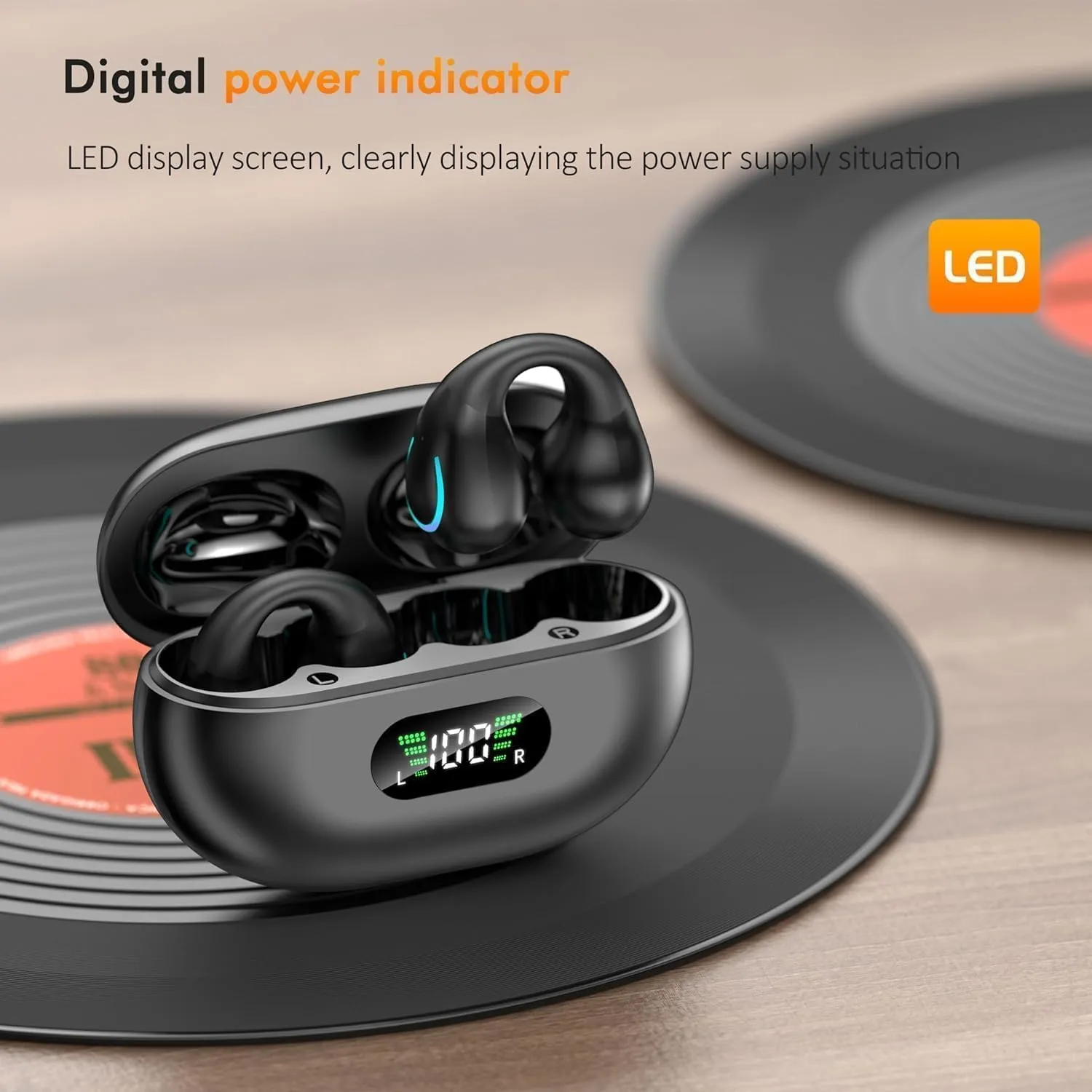Open Ear Bone Conduction Headphones,True Wireless Bluetooth 5.3 Lightweight Comfort Clip On Earbuds with LED Digital Display Charging Case Sport Built-in Mic IPX7 Waterproof for Running Fitness,Black