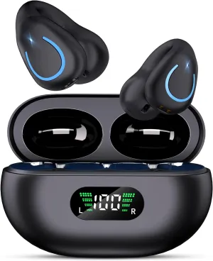 Open Ear Bone Conduction Headphones,True Wireless Bluetooth 5.3 Lightweight Comfort Clip On Earbuds with LED Digital Display Charging Case Sport Built-in Mic IPX7 Waterproof for Running Fitness,Black