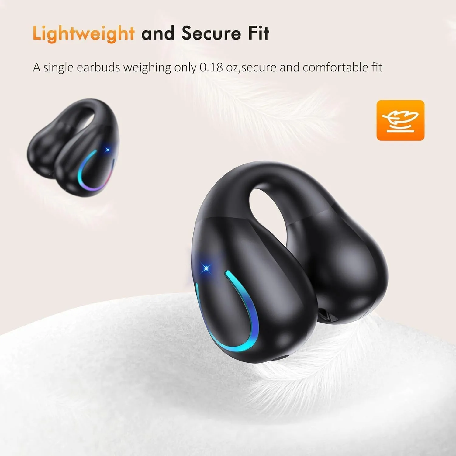 Open Ear Bone Conduction Headphones,True Wireless Bluetooth 5.3 Lightweight Comfort Clip On Earbuds with LED Digital Display Charging Case Sport Built-in Mic IPX7 Waterproof for Running Fitness,Black