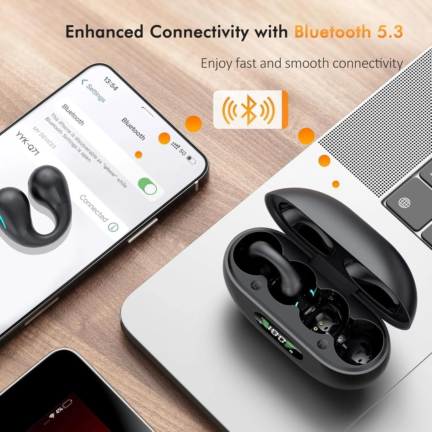 Open Ear Bone Conduction Headphones,True Wireless Bluetooth 5.3 Lightweight Comfort Clip On Earbuds with LED Digital Display Charging Case Sport Built-in Mic IPX7 Waterproof for Running Fitness,Black