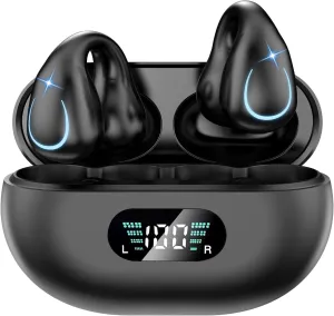 Open Ear Clip Bone Conduction Headphones Bluetooth, Sports Earphones Built-in Microphone with Earhooks & Ear Hook, Wireless Charging Case Display, Waterproof Fitness Headphones for Sports