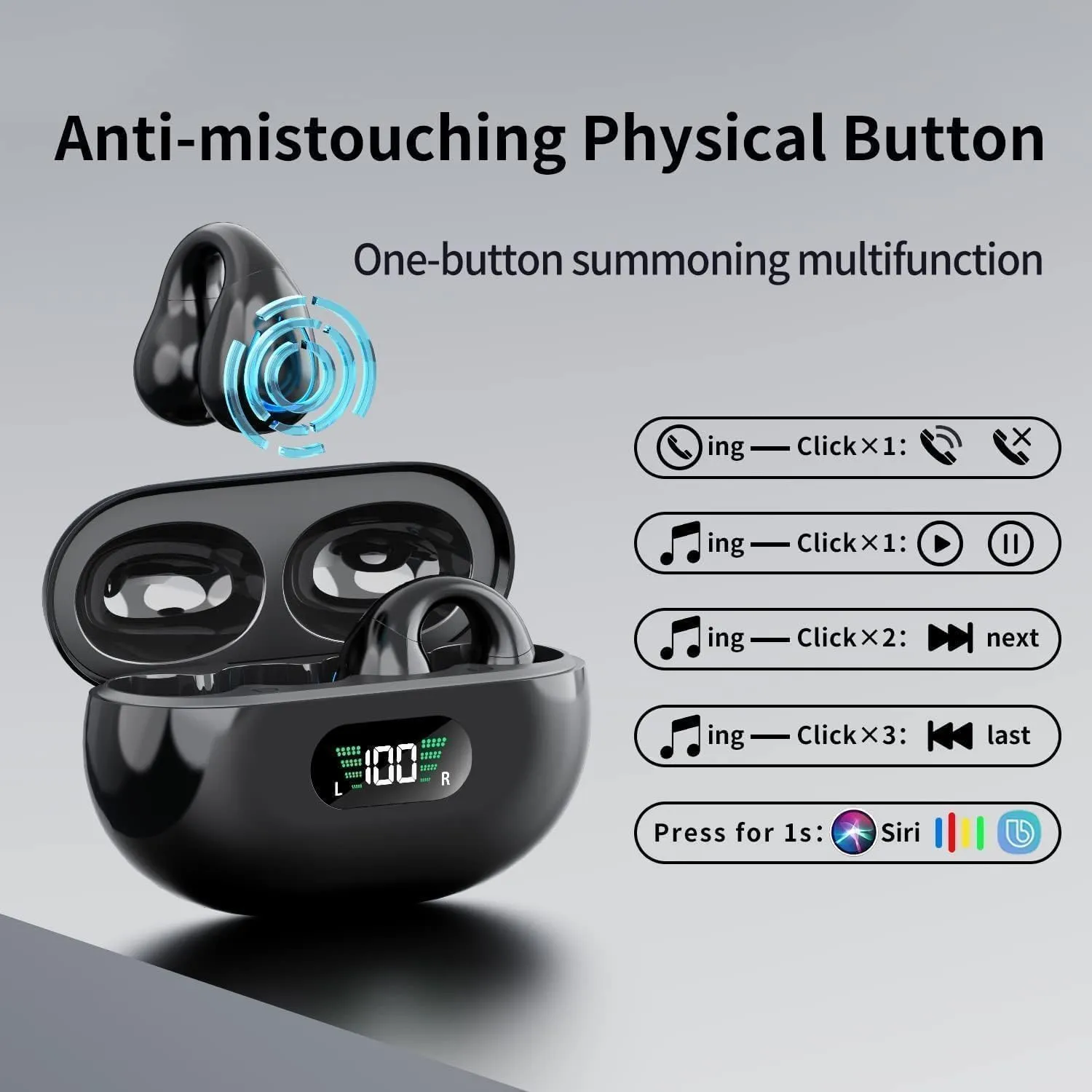 Open Ear Clip Bone Conduction Headphones Bluetooth, Sports Earphones Built-in Microphone with Earhooks & Ear Hook, Wireless Charging Case Display, Waterproof Fitness Headphones for Sports