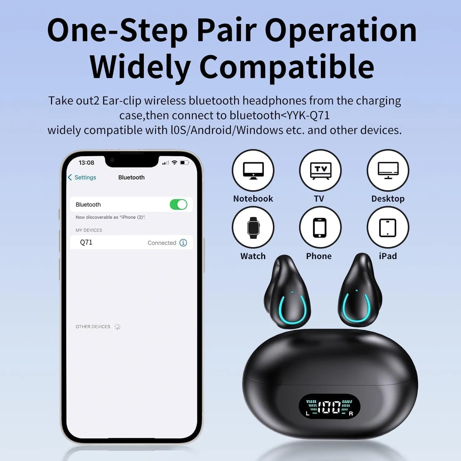 Open Ear Clip Bone Conduction Headphones Bluetooth, Sports Earphones Built-in Microphone with Earhooks & Ear Hook, Wireless Charging Case Display, Waterproof Fitness Headphones for Sports