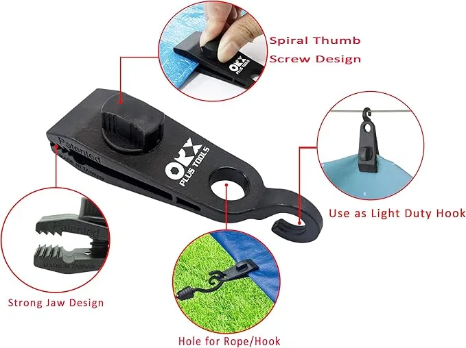 ORXPLUS TOOLS 4pcs Thumb Screw Tarp Clips with Hook Tent Clips Awning Clamp Set Tent Clamps for Camping Canopies, Car Cover, Winter Boat Cover, Pool Cover, Sun Shade