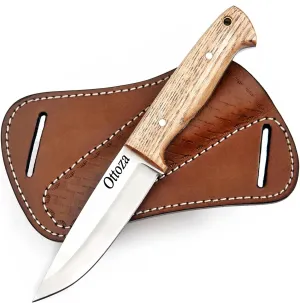 Ottoza Bushcraft Knife & Ash Wood Handle, Outdoor Knife Survival Knife Camping Knife - 1095 High Carbon Steel Knife - 1095 Carbon Steel Fixed Blade Hunting Knives for Men Cross Draw Knife Sheath 403