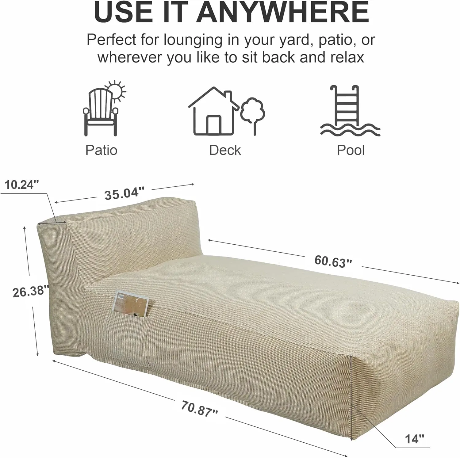 Outdoor Bean Bag Bed Lounger Chair for Pool, Comfy Foam Lazy Patio Sofa Furniture, Water-Resistant Outside Couch, Outdoor Day Beds Sofa for Pool, Patio, Deck (Light Orange, 70.86 inch)