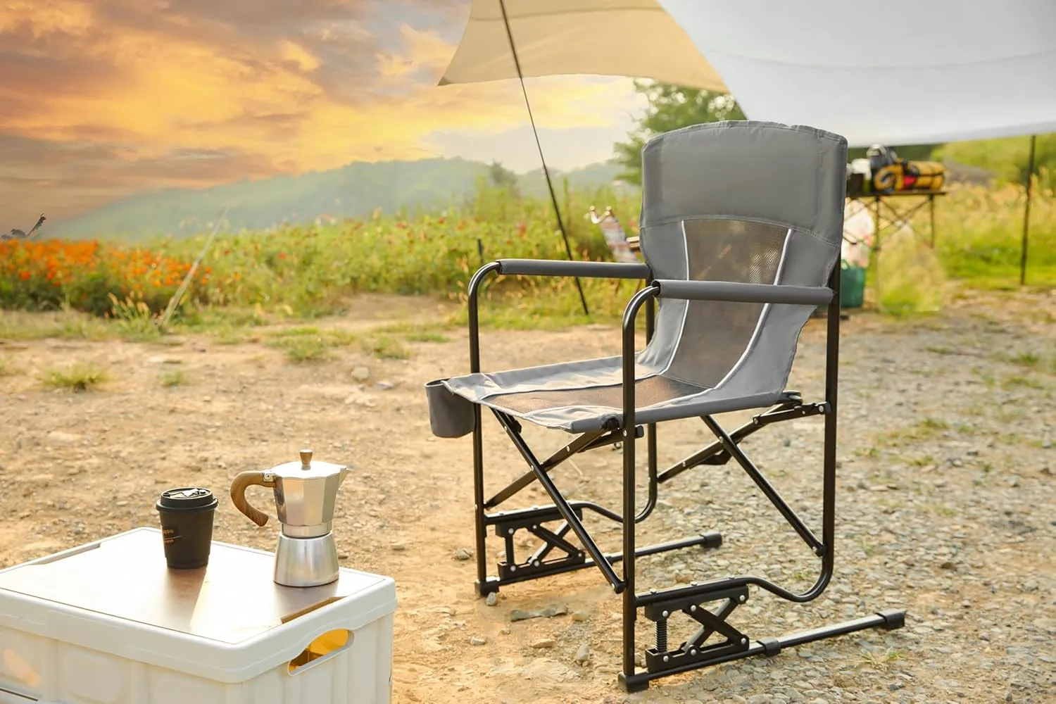 Outdoor Freestyle Rocker Camping Chair Portable Folding Rocking Chair with Solid, Durable Armrests, Drink Holder & Comfortable Backrest Folding Lawn Chair for Sports Events,Fishing,RV Travel (Gray)