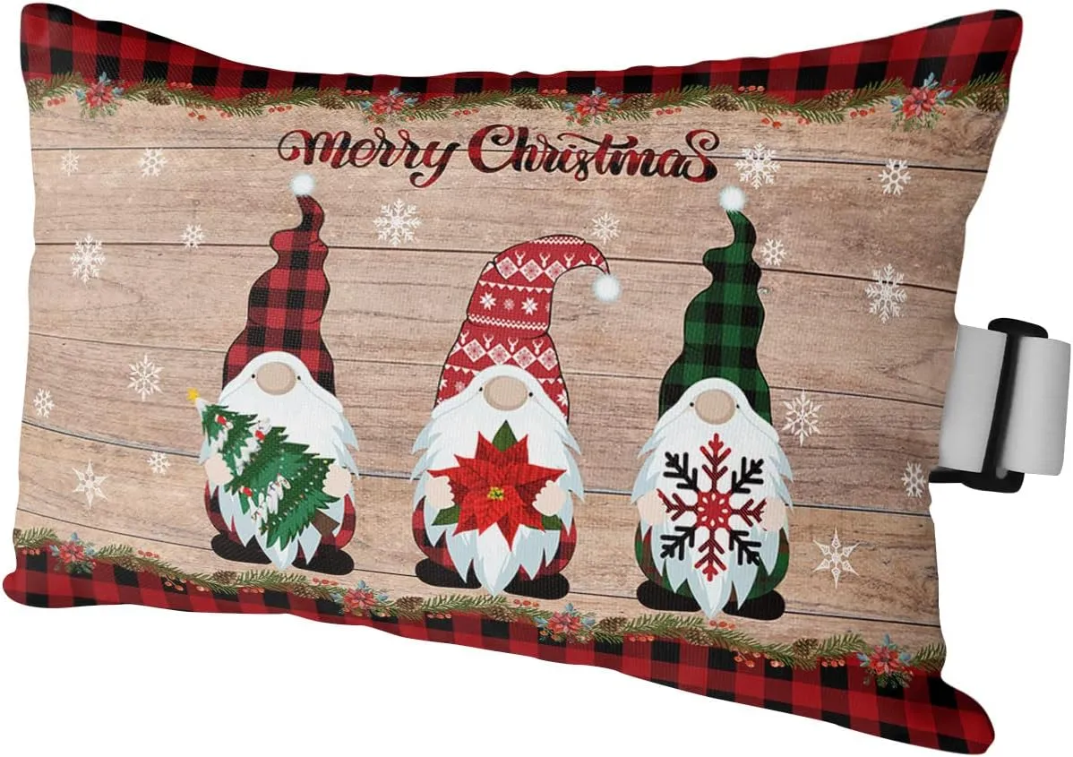 Outdoor Head Pillow with Adjustable Elastic Strap,Christmas Dwarfs and Poinsettia Flower Xmas Tree 1 Pack Waterproof Headrest Cushion Pillows for Balcony/Garden/Beach/Pool Chair Retro Wood Board