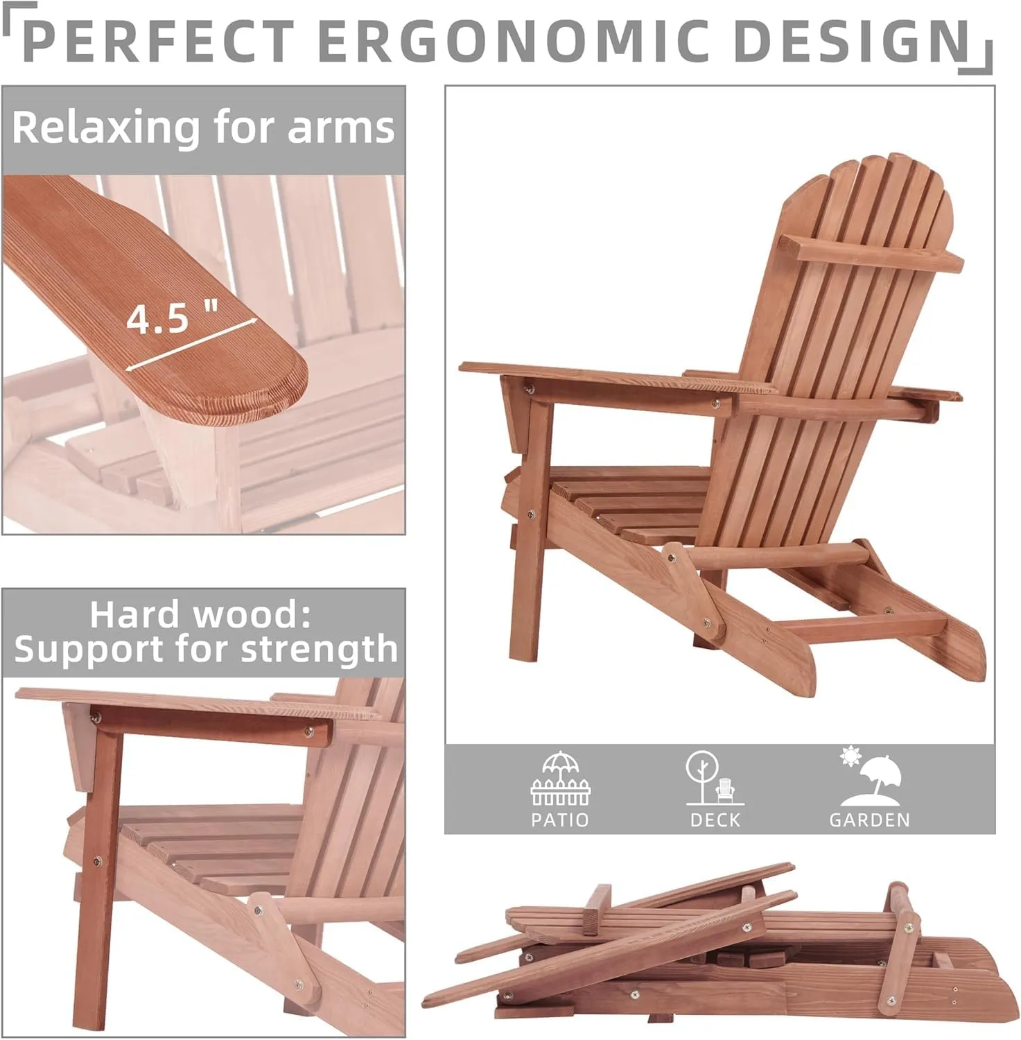 Outdoor Wooden Folding Adirondack Chair Set of 2 with Pre-Assembled BackRest, Wood Patio Chair for Garden Backyard Porch Pool Deck Firepit