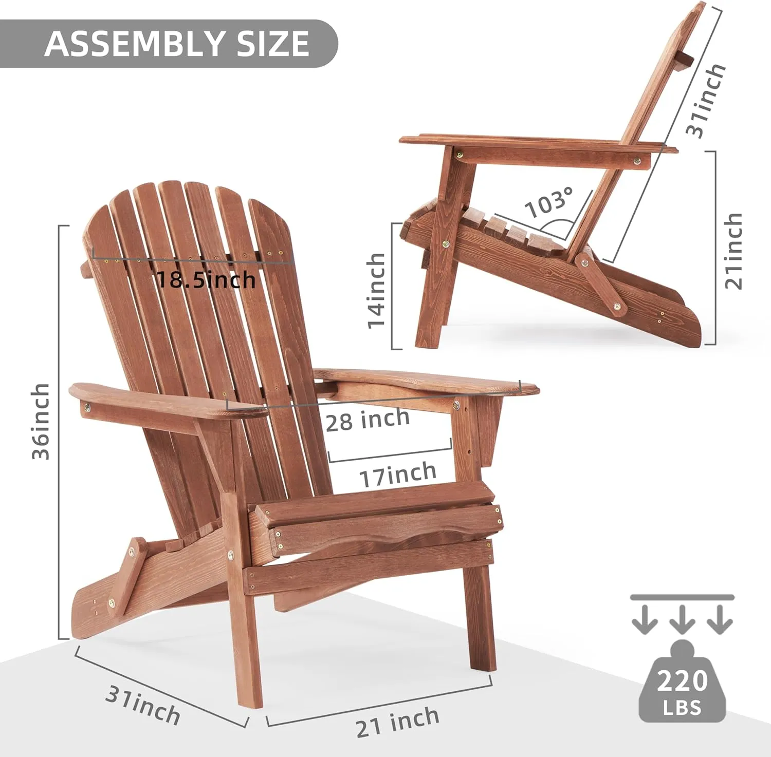 Outdoor Wooden Folding Adirondack Chair Set of 2 with Pre-Assembled BackRest, Wood Patio Chair for Garden Backyard Porch Pool Deck Firepit