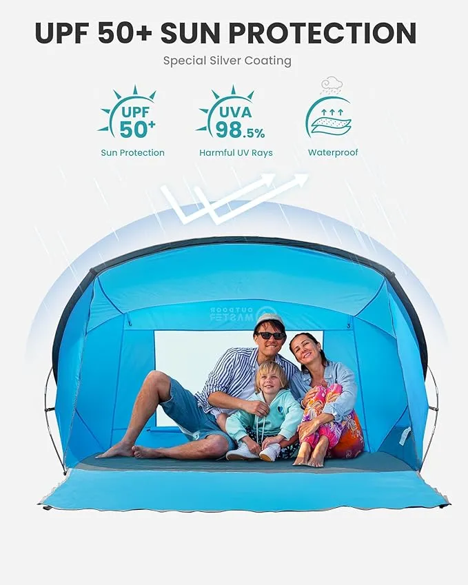 OutdoorMaster Beach Tent for 3-4 Person - Easy Setup and Portable Beach Shade Sun Shelter Canopy with UPF 50  UV Protection Removable Skylight Family Size