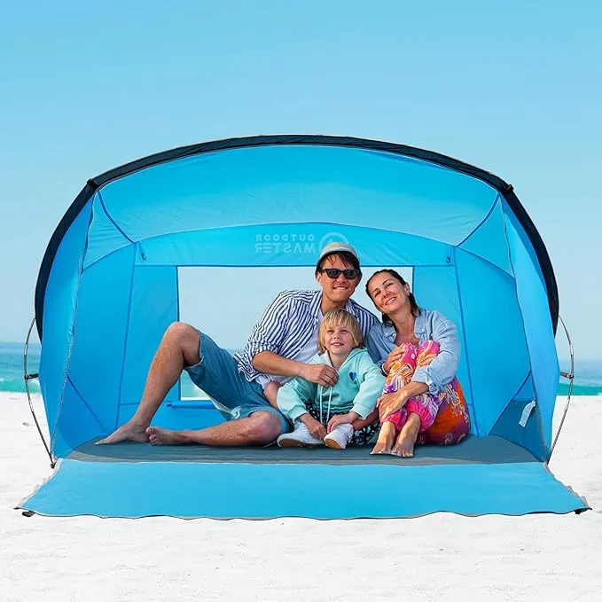 OutdoorMaster Beach Tent for 3-4 Person - Easy Setup and Portable Beach Shade Sun Shelter Canopy with UPF 50  UV Protection Removable Skylight Family Size