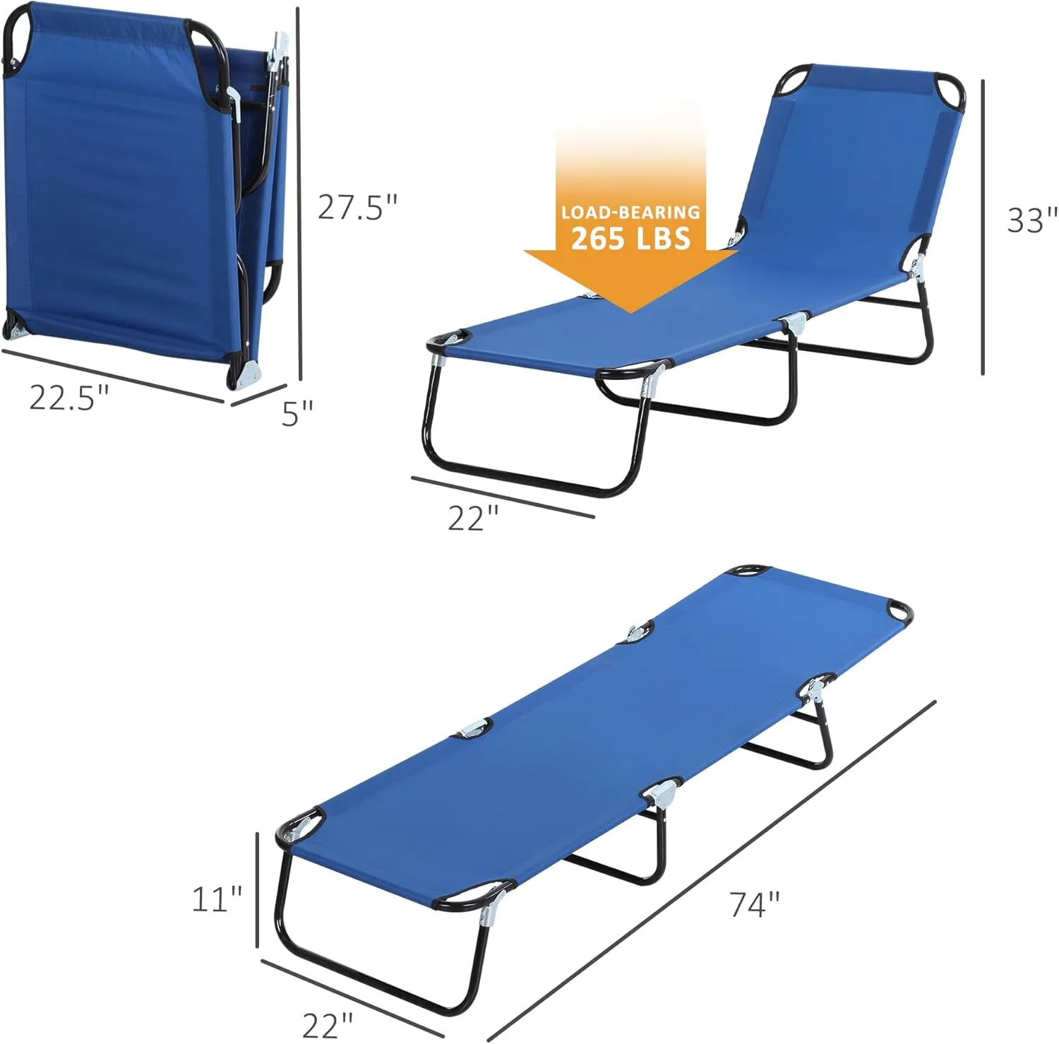 Outsunny Folding Chaise Lounge Pool Chairs, Outdoor Sun Tanning Chairs with 5-Level Reclining Back, Steel Frame for Beach, Yard, Patio, Blue