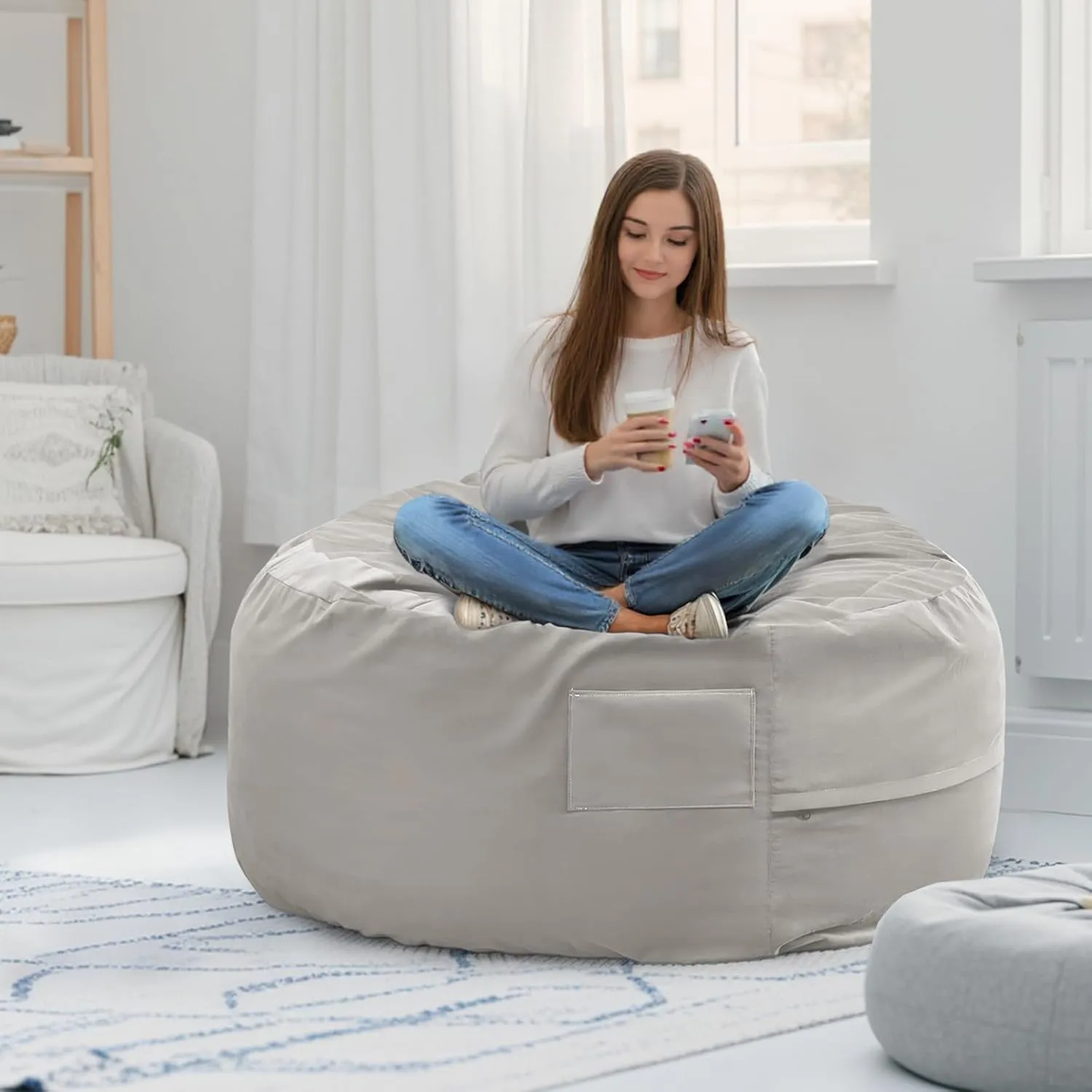 Oversized Bean Bag Chair with Removable Cover, Comfortable Seating for Kids and Adults, Use for Living Room and Bedroom, Grey