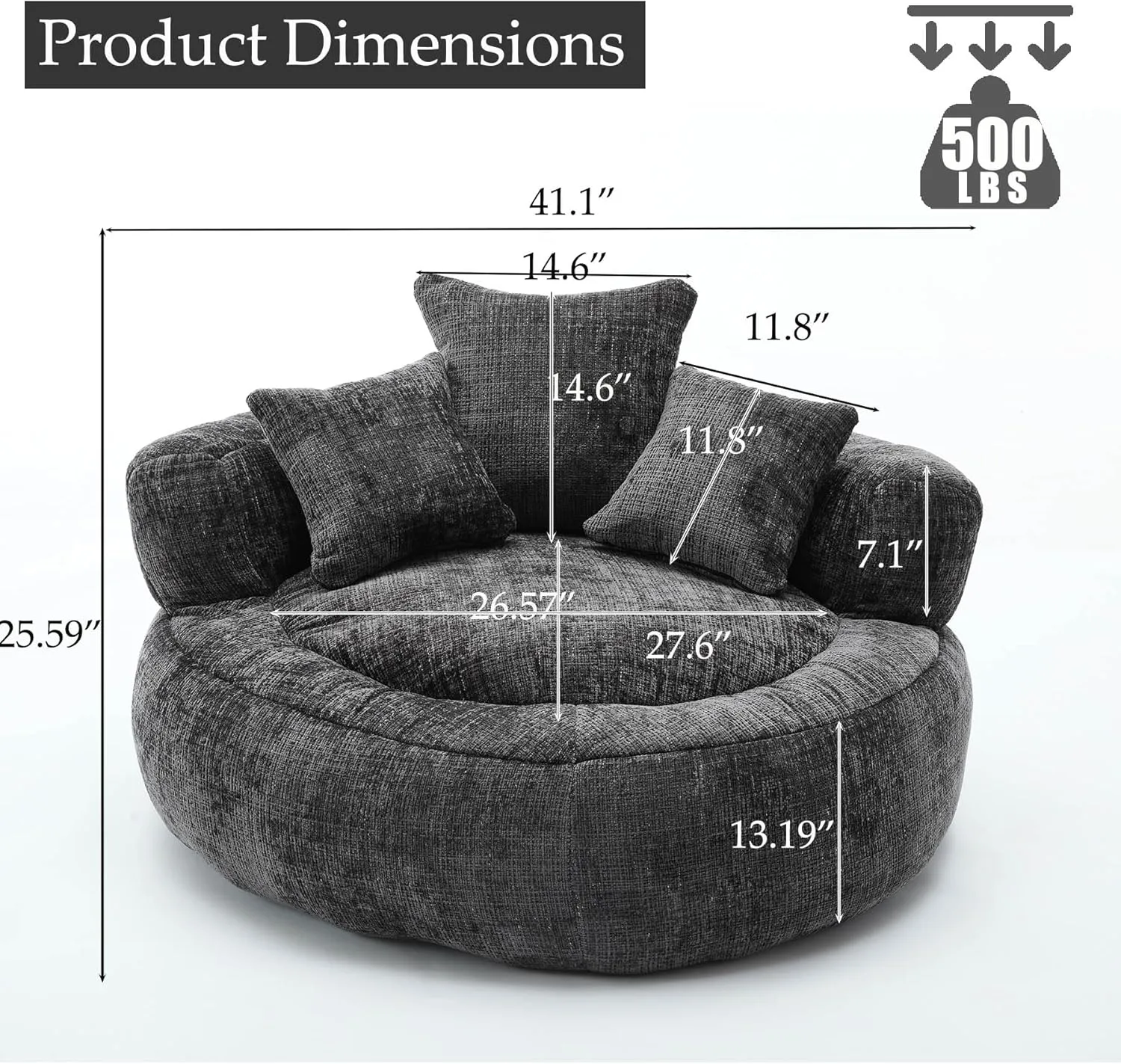 Oversized Bean Bag Chairs for Adults, Memory Foam Lazy Sofa with High Back and 3 Pillows, Comfy Beanbag Lounger Couch for Living Room Bedroom Apartment (Black)