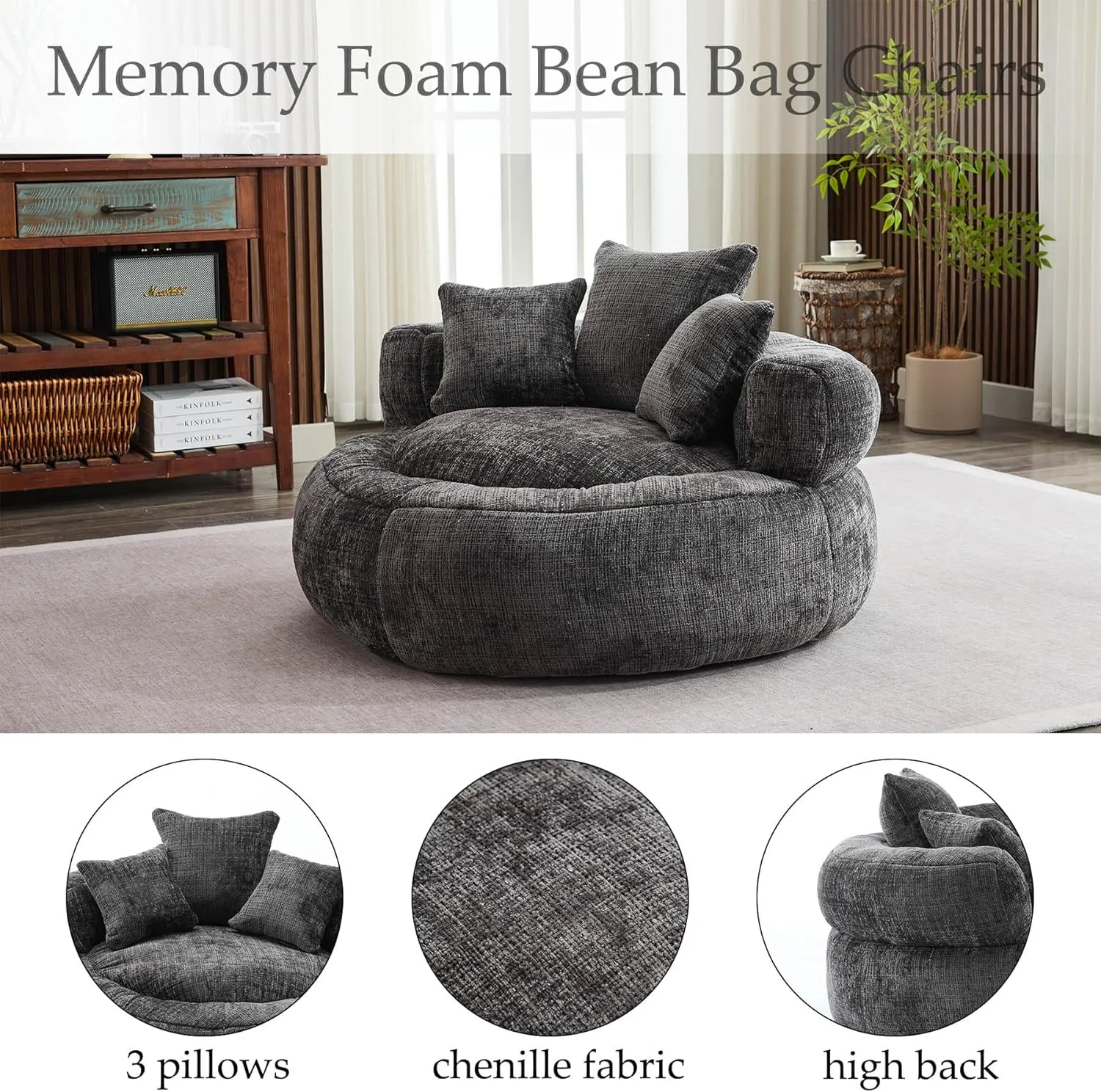 Oversized Bean Bag Chairs for Adults, Memory Foam Lazy Sofa with High Back and 3 Pillows, Comfy Beanbag Lounger Couch for Living Room Bedroom Apartment (Black)