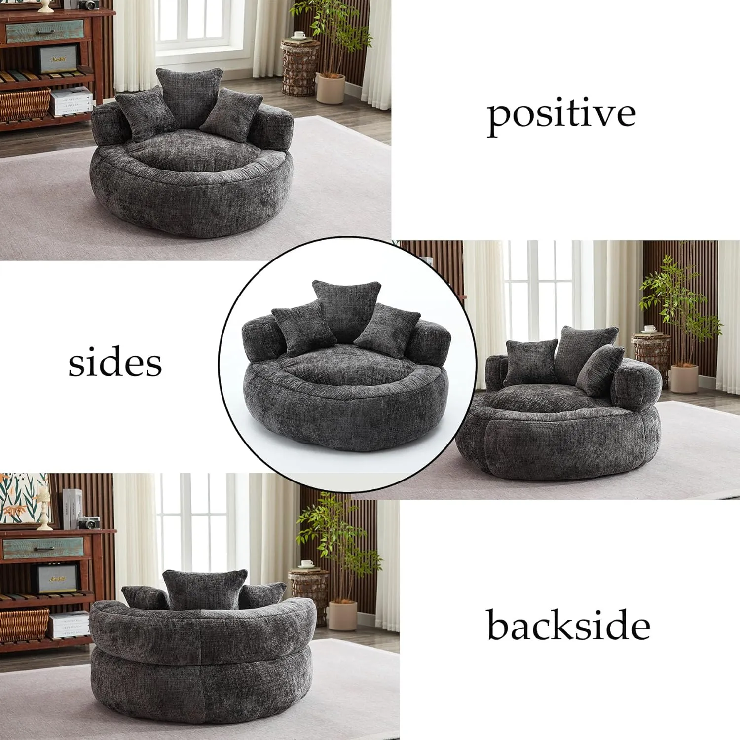 Oversized Bean Bag Chairs for Adults, Memory Foam Lazy Sofa with High Back and 3 Pillows, Comfy Beanbag Lounger Couch for Living Room Bedroom Apartment (Black)