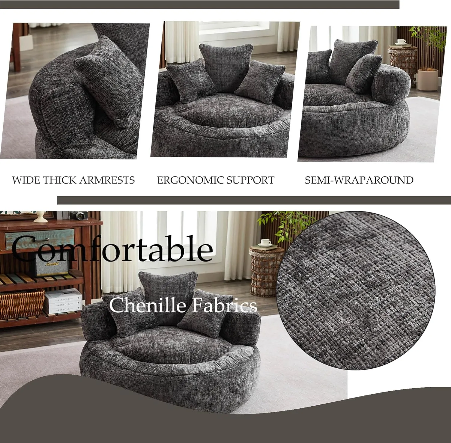 Oversized Bean Bag Chairs for Adults, Memory Foam Lazy Sofa with High Back and 3 Pillows, Comfy Beanbag Lounger Couch for Living Room Bedroom Apartment (Black)