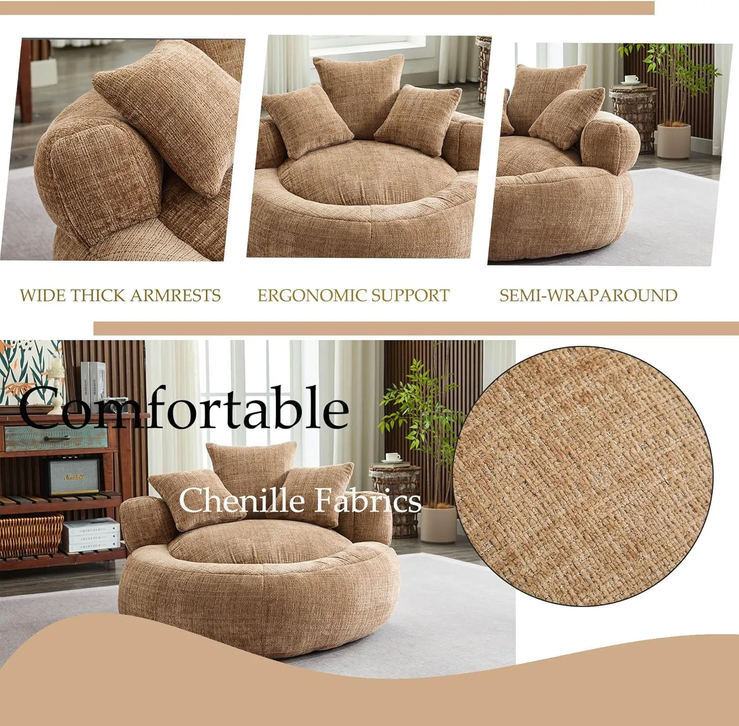 Oversized Bean Bag Chairs for Adults, Memory Foam Lazy Sofa with High Back and 3 Pillows, Comfy Beanbag Lounger Couch for Living Room Bedroom Apartment (Coffee)