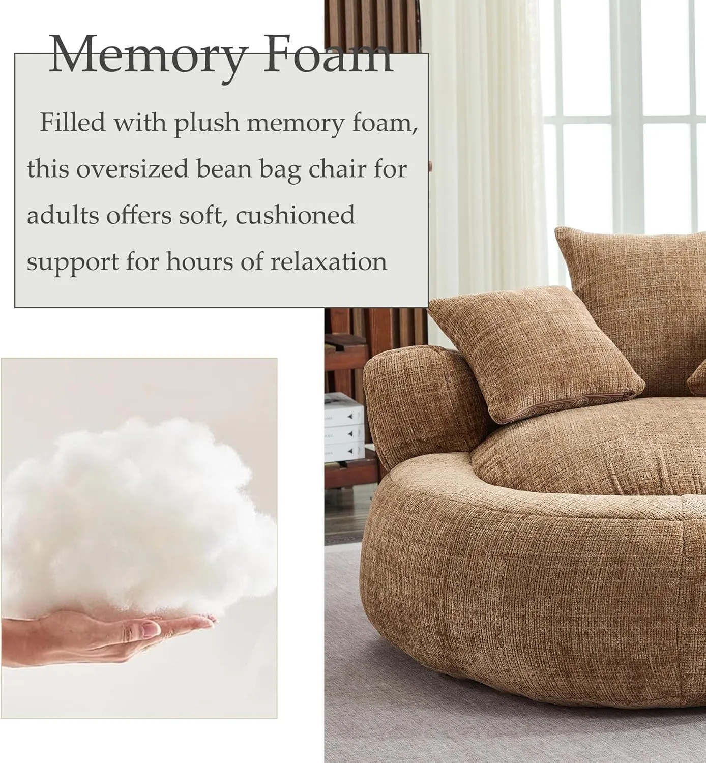 Oversized Bean Bag Chairs for Adults, Memory Foam Lazy Sofa with High Back and 3 Pillows, Comfy Beanbag Lounger Couch for Living Room Bedroom Apartment (Coffee)