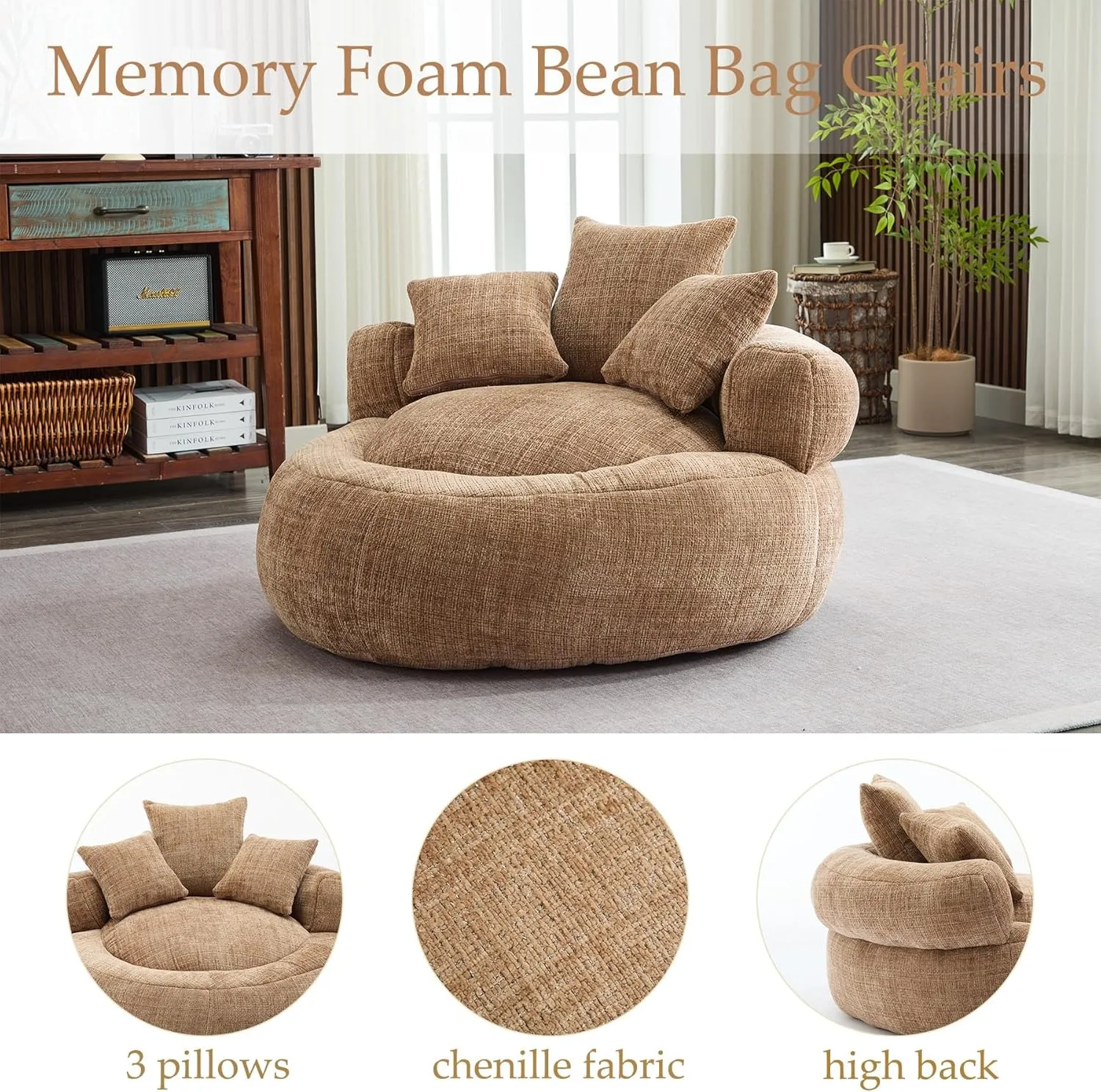 Oversized Bean Bag Chairs for Adults, Memory Foam Lazy Sofa with High Back and 3 Pillows, Comfy Beanbag Lounger Couch for Living Room Bedroom Apartment (Coffee)