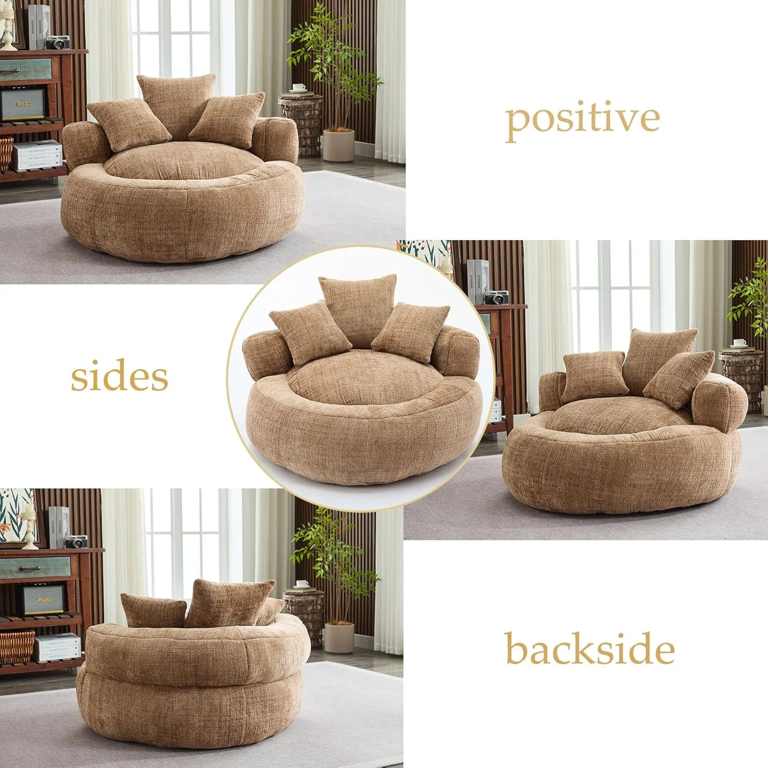 Oversized Bean Bag Chairs for Adults, Memory Foam Lazy Sofa with High Back and 3 Pillows, Comfy Beanbag Lounger Couch for Living Room Bedroom Apartment (Coffee)