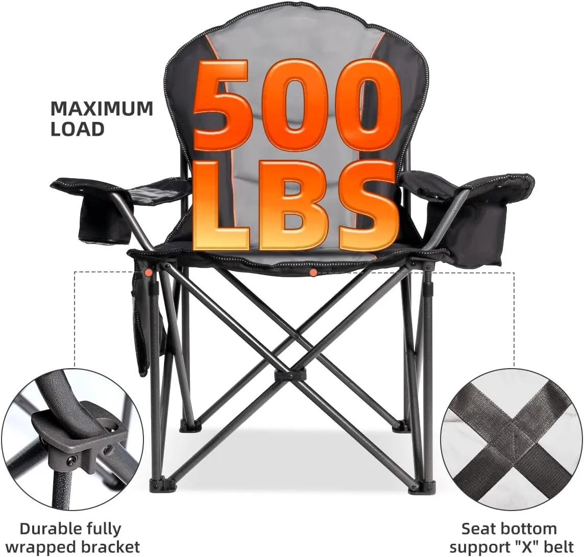Oversized Camping Chair Heavy Duty 500LBS - Folding Outdoor Chair with Cooler Bag, Storage Pockets, Portable Collapsible Lawn Chairs for Adults (Black & Gray)