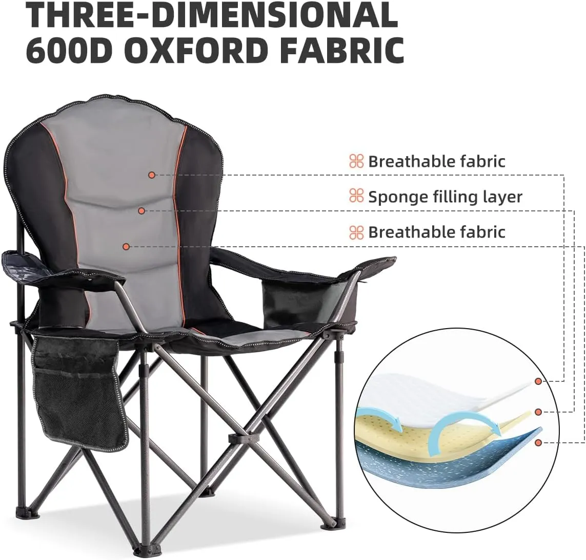Oversized Camping Chair Heavy Duty 500LBS - Folding Outdoor Chair with Cooler Bag, Storage Pockets, Portable Collapsible Lawn Chairs for Adults (Black & Gray)