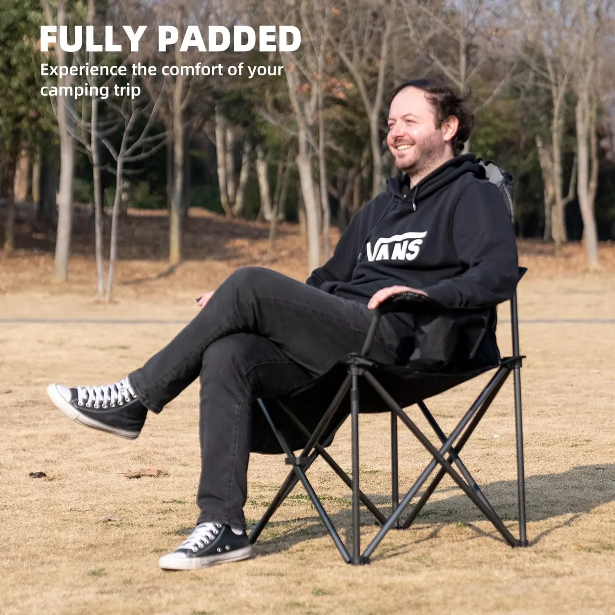Oversized Camping Chair Heavy Duty 500LBS - Folding Outdoor Chair with Cooler Bag, Storage Pockets, Portable Collapsible Lawn Chairs for Adults (Black & Gray)