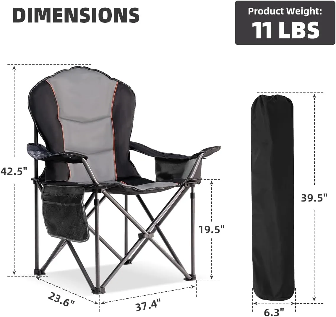 Oversized Camping Chair Heavy Duty 500LBS - Folding Outdoor Chair with Cooler Bag, Storage Pockets, Portable Collapsible Lawn Chairs for Adults (Black & Gray)