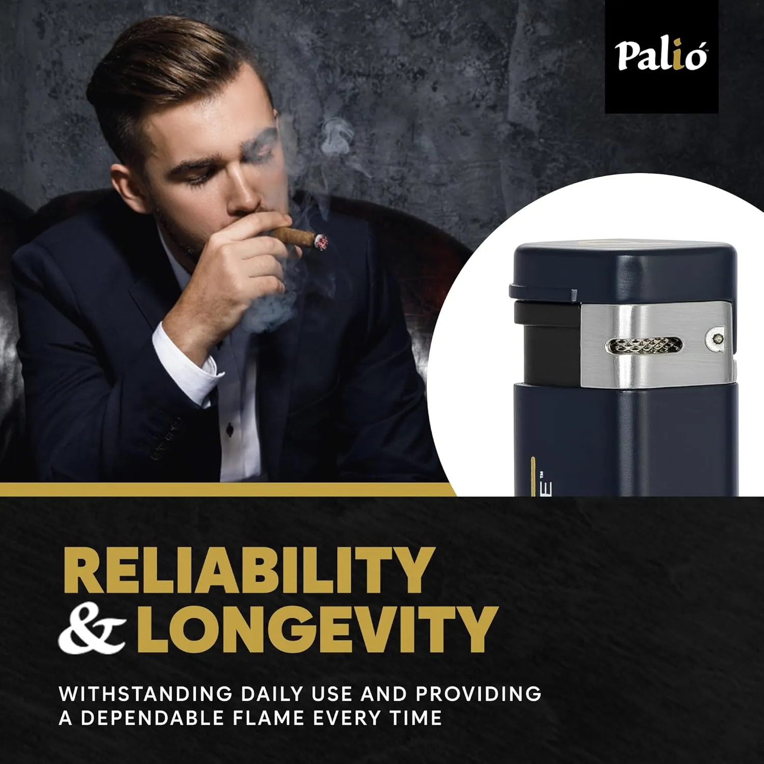 Palió Treo Triple Jet Flame Butane Torch Lighter, Navy Blue | Wind Resistant, Oversized Refillable Fuel Tank, Adjustable Flame, Easy Push Ignition, Flip-Top Lid, High Altitude Tested