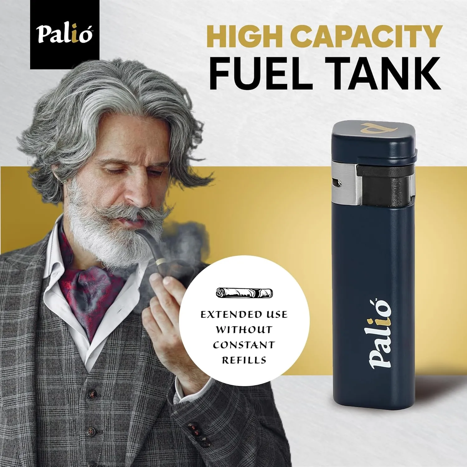 Palió Treo Triple Jet Flame Butane Torch Lighter, Navy Blue | Wind Resistant, Oversized Refillable Fuel Tank, Adjustable Flame, Easy Push Ignition, Flip-Top Lid, High Altitude Tested