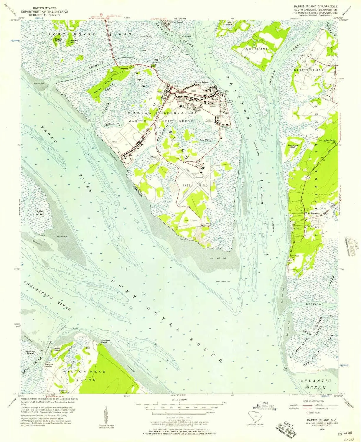 Parris Island SC topo map, 1:24000 Scale, 7.5 X 7.5 Minute, Historical, 1956, Updated 1957, 26.9 x 22 in
