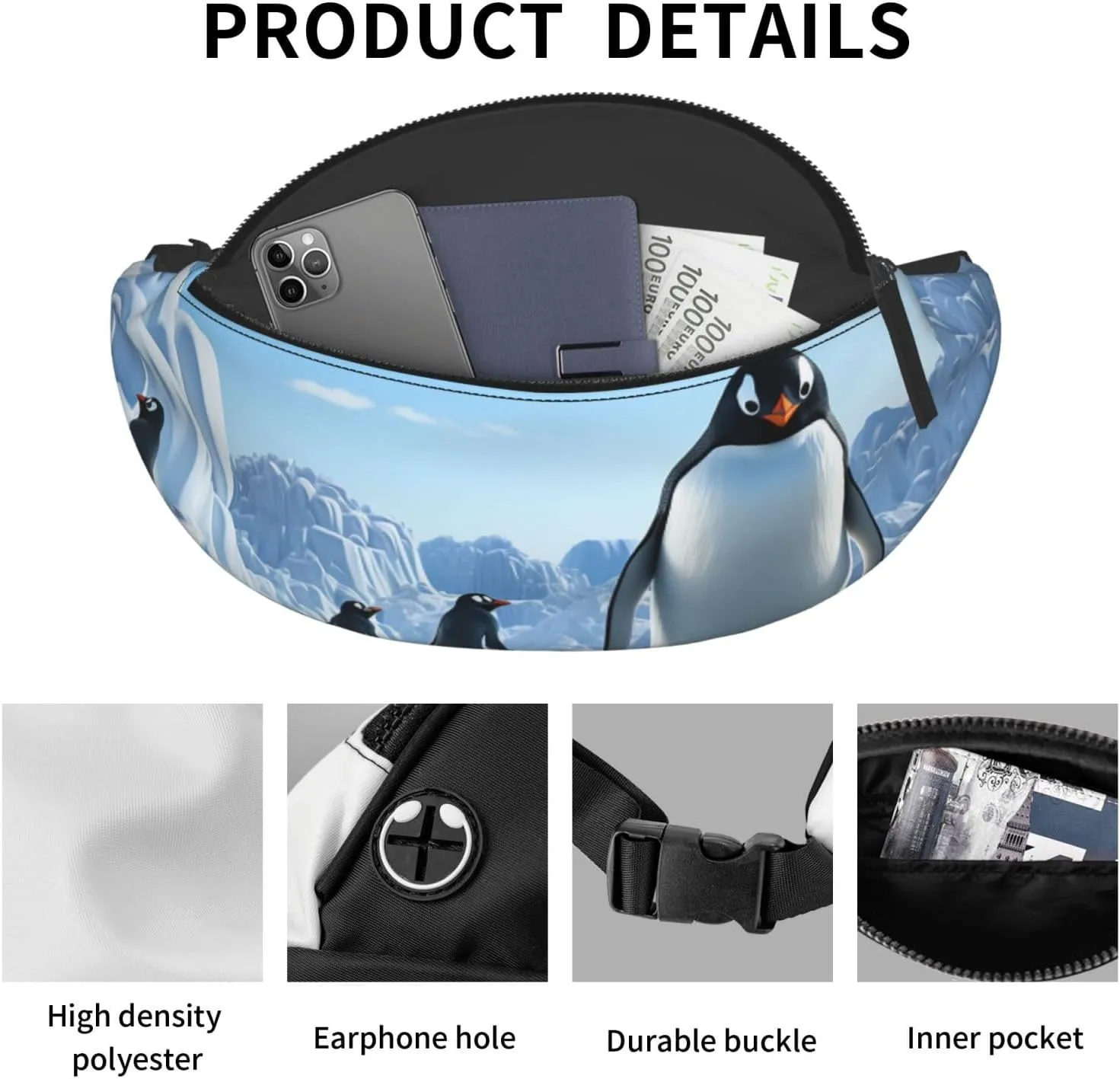 Penguin Antarctica Ice Fanny Pack for Man Women Waist Bag Adjustable Belt Casual Chest Bag Bum Bags for Travel Sports Running Hiking Waist Packs