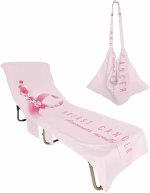 Pink Ribbon Chaise Lounger Cover with Pockets, Pool Lounge Chair Covers 85"x29", Breast Cancer Awareness White Daisy Microfiber Beach Chair Cover for Outdoor Patio Sunbathing