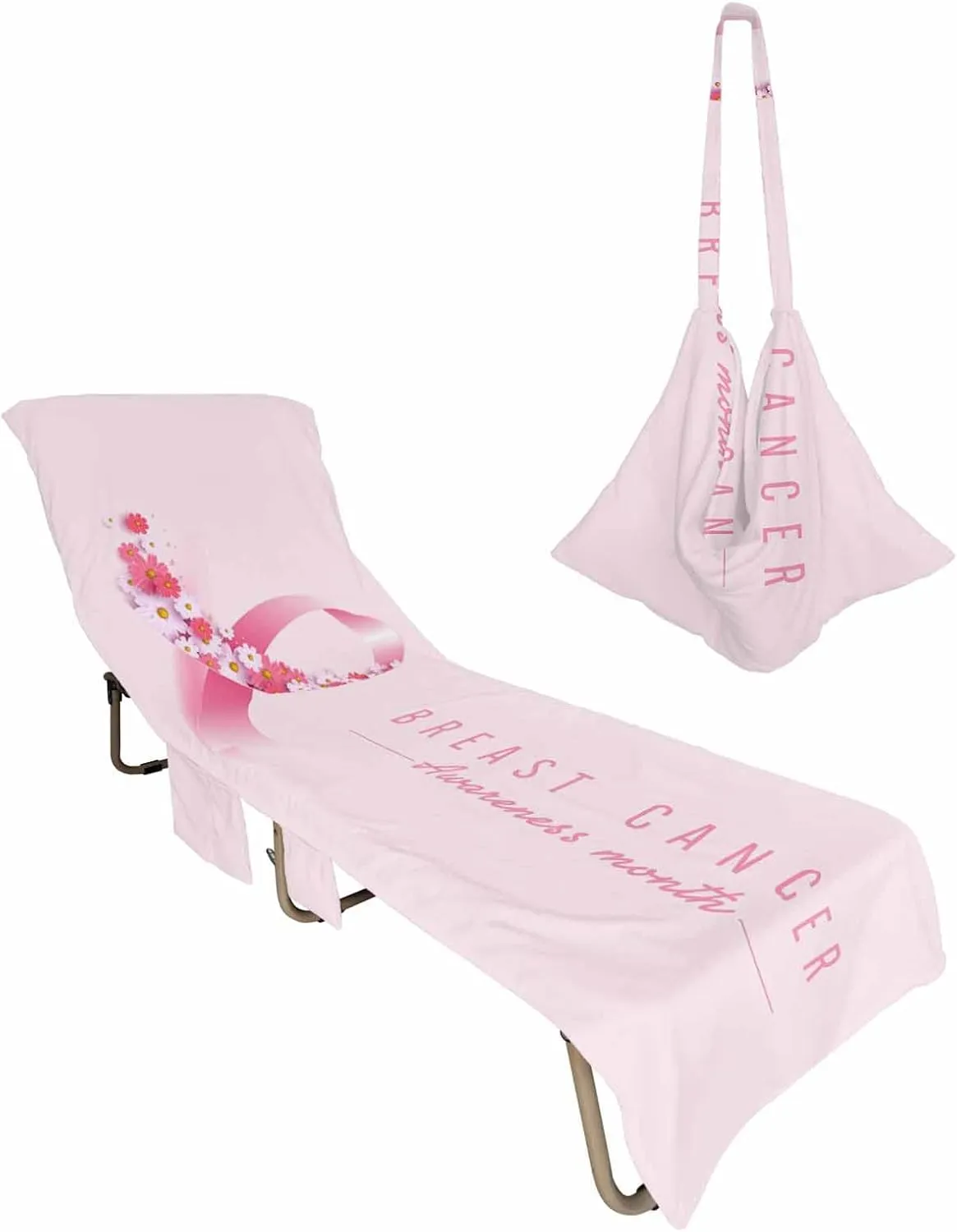 Pink Ribbon Chaise Lounger Cover with Pockets, Pool Lounge Chair Covers 85"x29", Breast Cancer Awareness White Daisy Microfiber Beach Chair Cover for Outdoor Patio Sunbathing