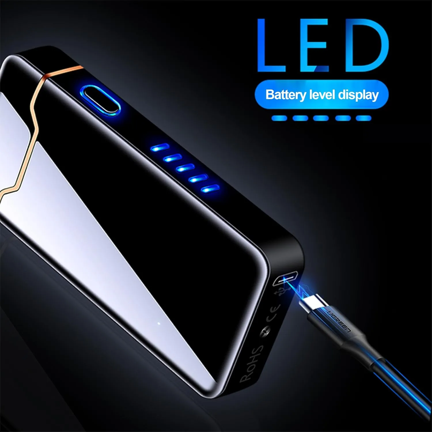 Plasma Rechargeable Electric Lighter with LED Battery Indicator Strong Flame, USB Convenient Charging, Windproof Lighter Outdoor（B-Black