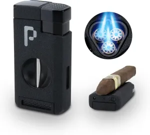 Pocket Lighter for Cigars - 3 Torches with V Cutter by Pixel Cartel - Black - Ideal for Cigar Lovers, No Combustible Included
