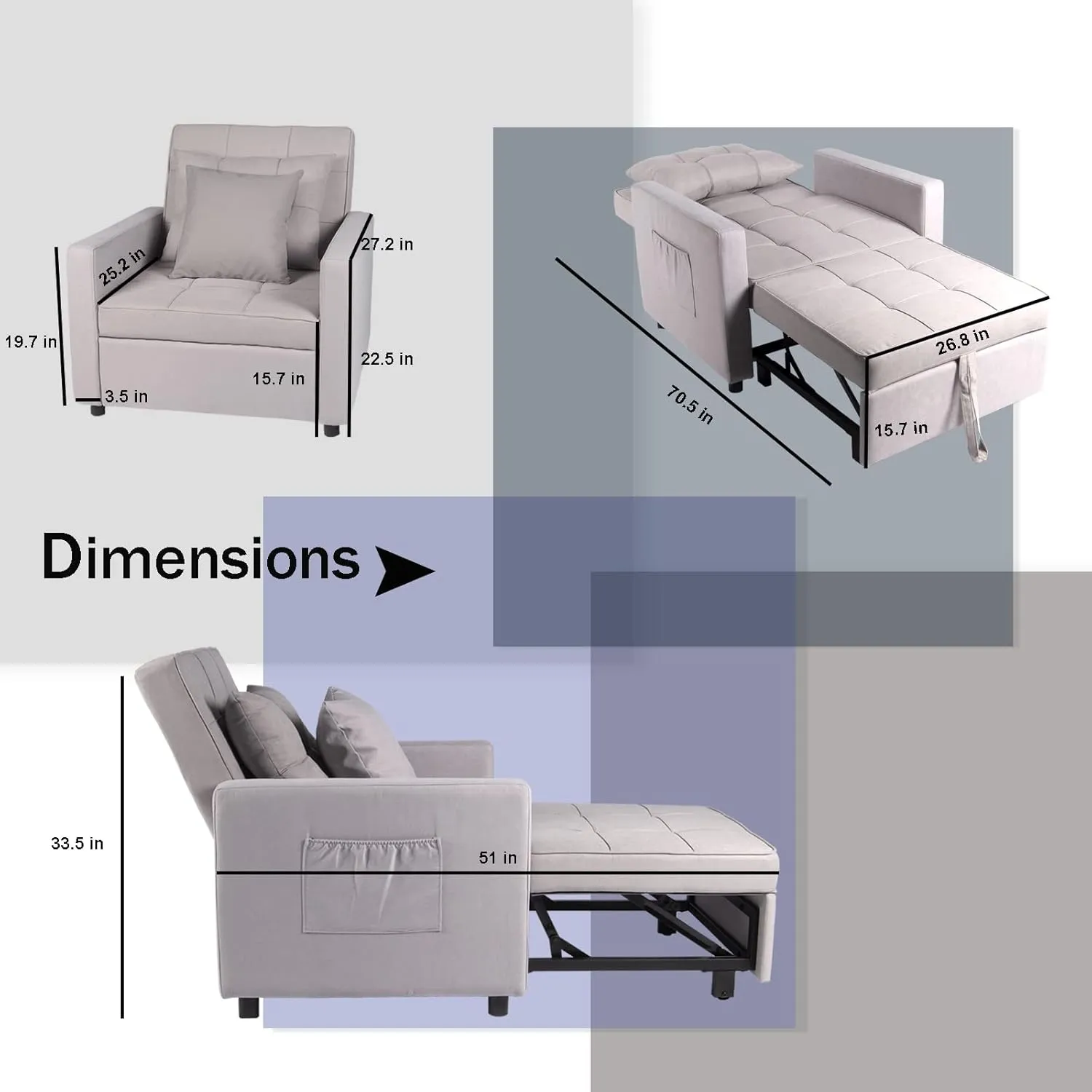 Polar Aurora Sofa Bed Chair 3-in-1 Convertible Chair Bed, Lounger Sleeper Chair, Single Recliner for Small Space with Adjustable Backrest (Light Grey)
